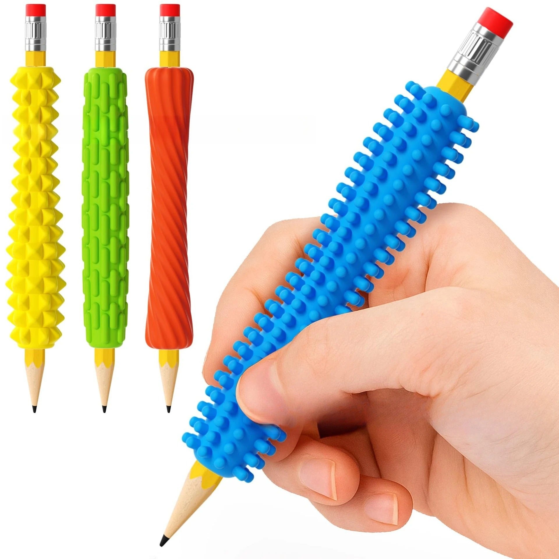 Capinhas sensoriais de silicone texturizado para lápis, suporte ergonômico e brinquedo fidget para TDAH e autismo, kit com 4 unidades.