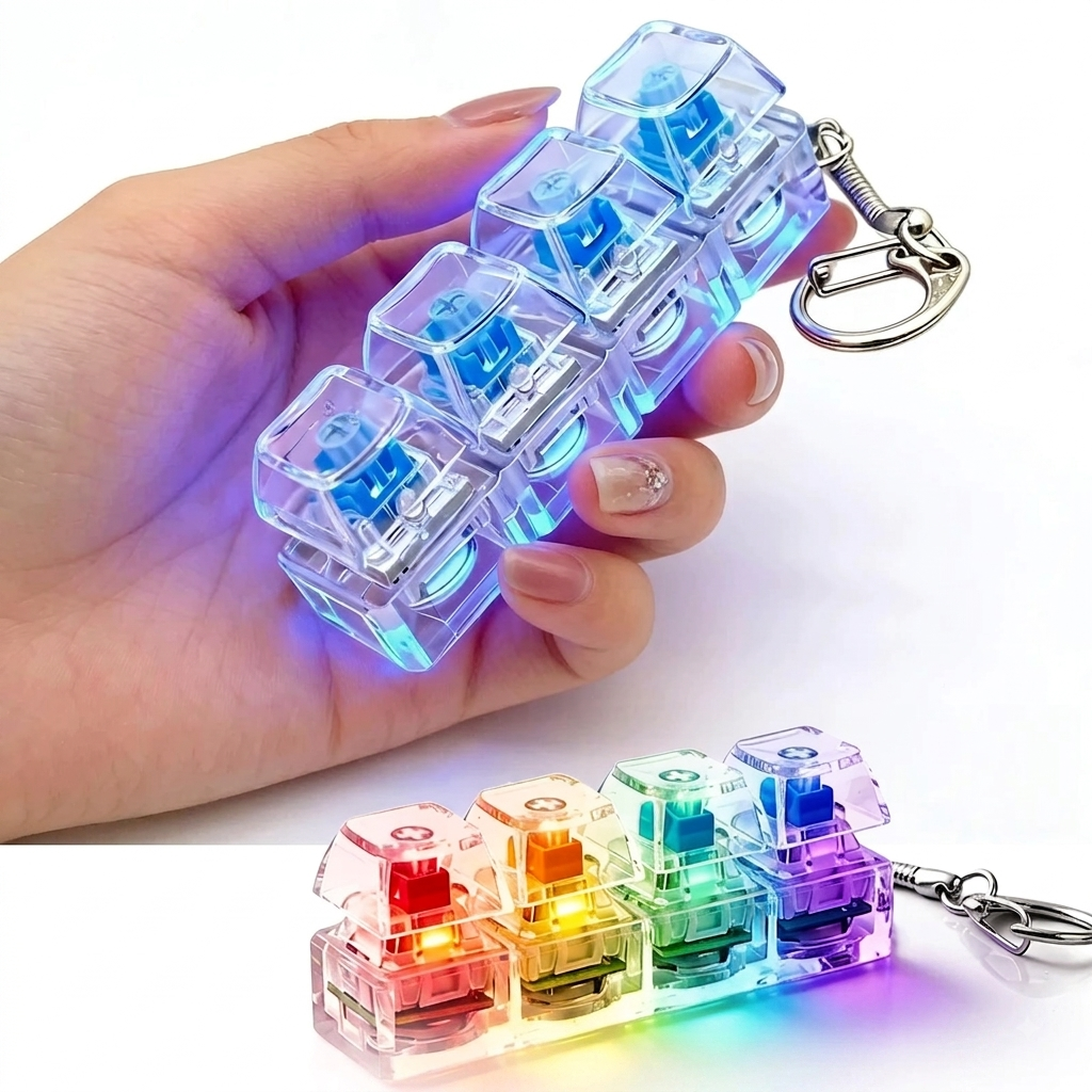 Chaveiro de brinquedo sensorial com teclado mecânico, 4 teclas com LED RGB, antiestresse e melhora foco, da Zem Kids