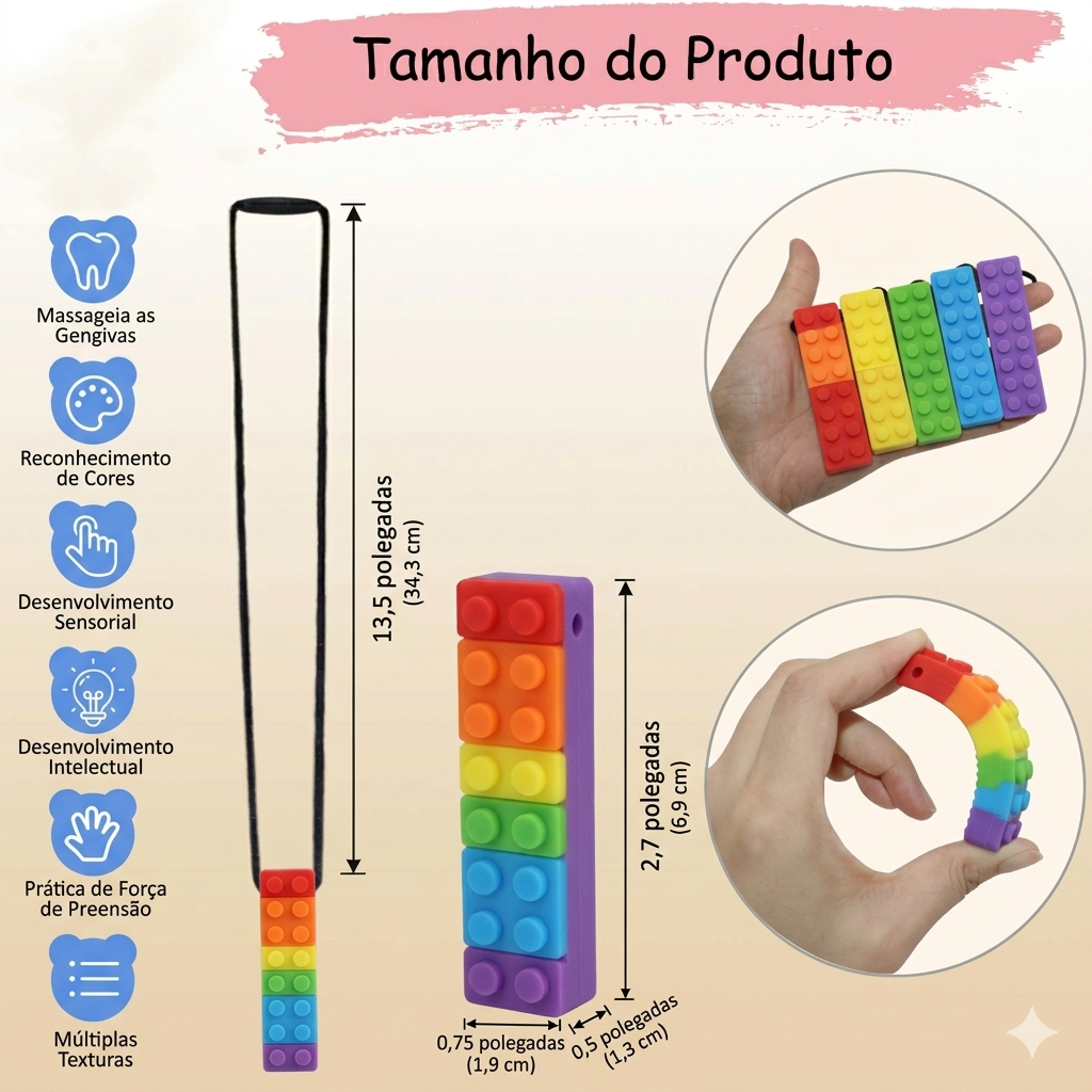 Colar mordedor sensorial em silicone da Zem Kids, bloco regulador para autismo, TDAH e ansiedade, com detalhes coloridos.