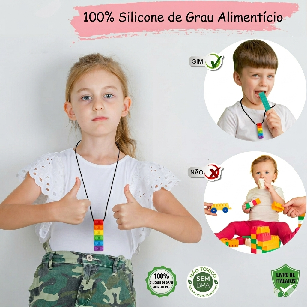 Colar mordedor sensorial em silicone da Zem Kids, com bloco regulador para autismo, TDAH e ansiedade, feito para estimular e acalmar.