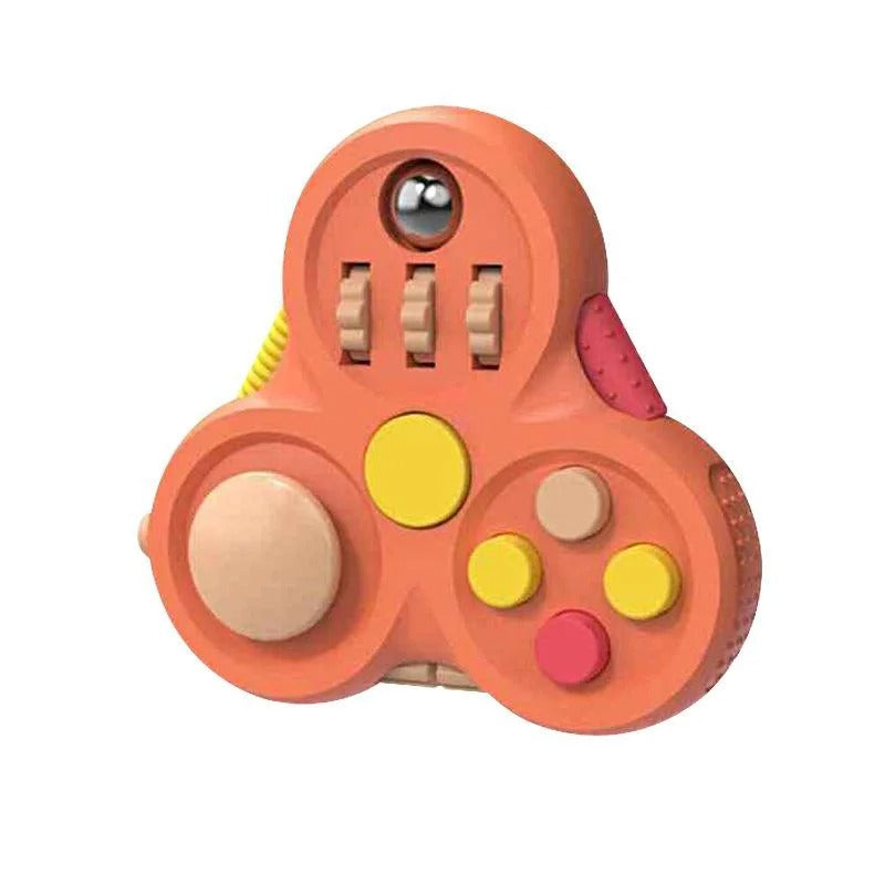 Brinquedo sensorial ZenCube 7-em-1 da Zem Kids com cores laranja, ferramenta antistresse para crianças com autismo.