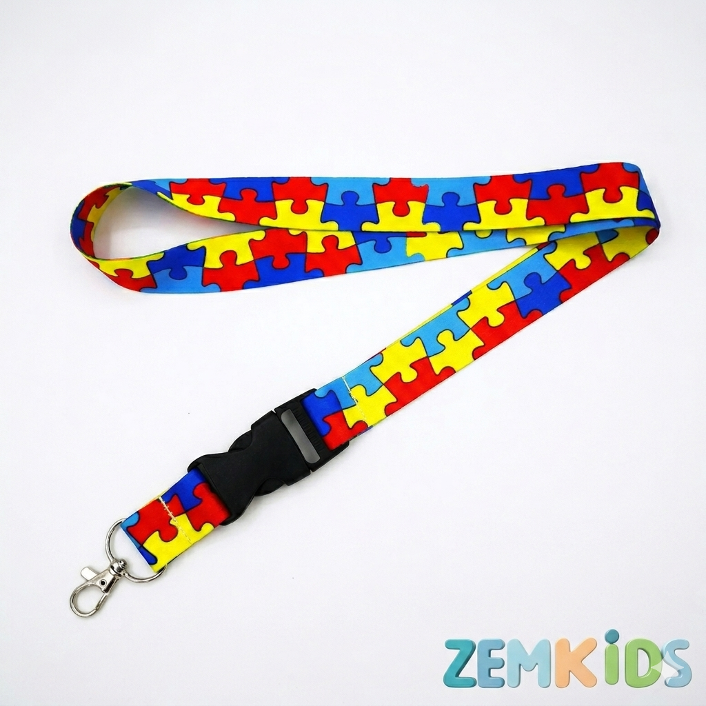 Cordão de identificação autismo com símbolo de quebra-cabeça e porta-crachá rígido, usado para conscientização e segurança.