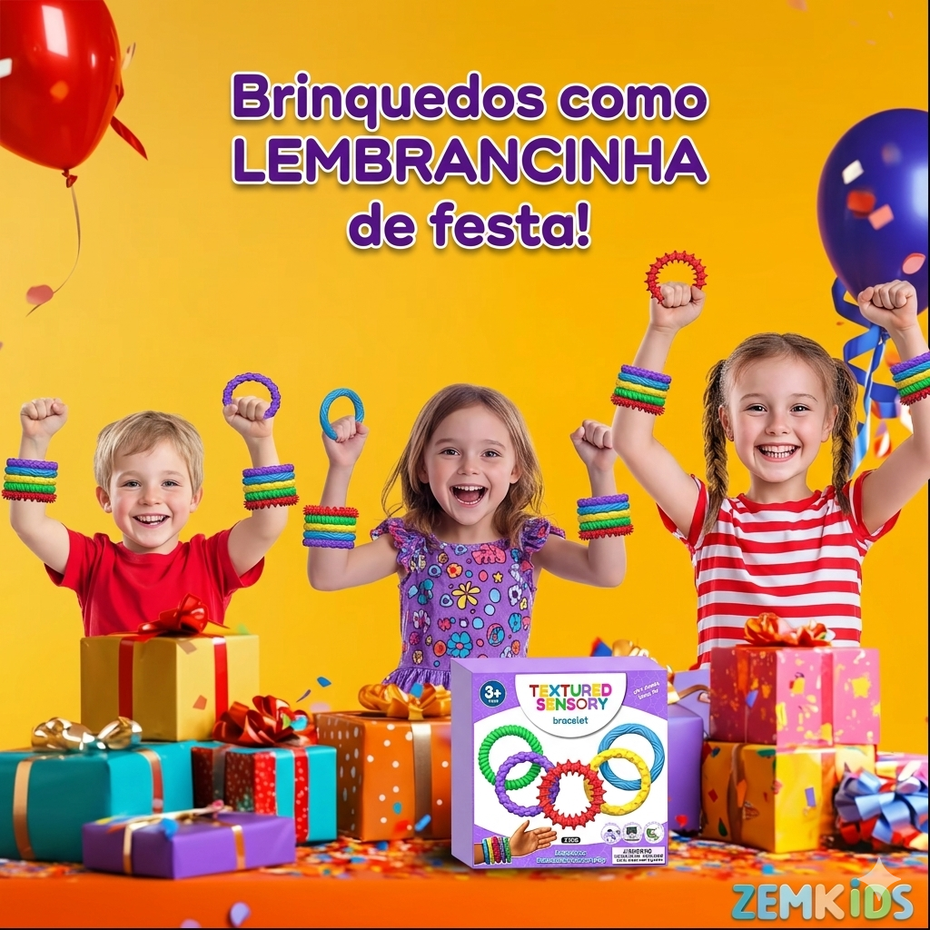 Kit de 5 pulseiras sensoriais Zem Kids para alívio de ansiedade e TDAH, criança usando pulseira fidget para foco e concentração.