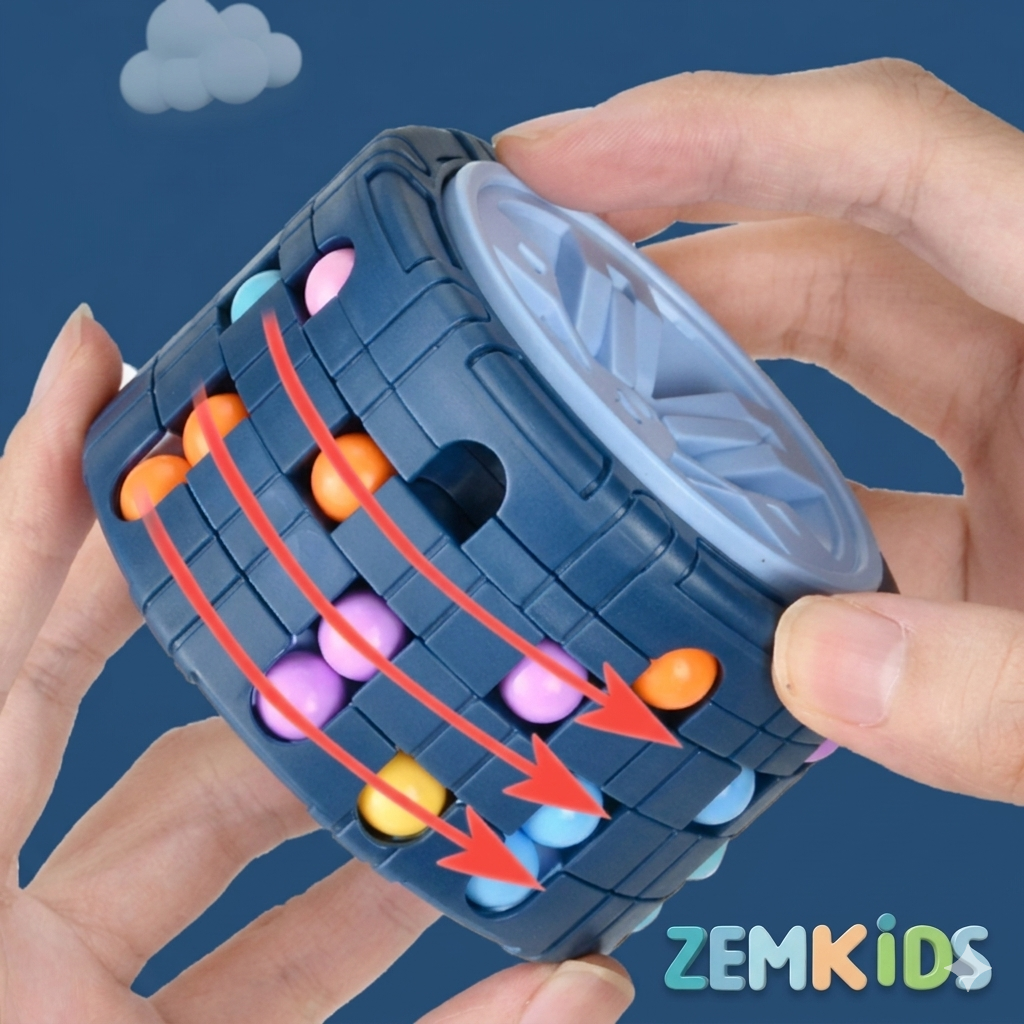Cubo cilíndrico 3D mágico da Zem Kids, brinquedo Montessori sensorial com elementos deslizantes e giroscópio para estimular a criatividade.