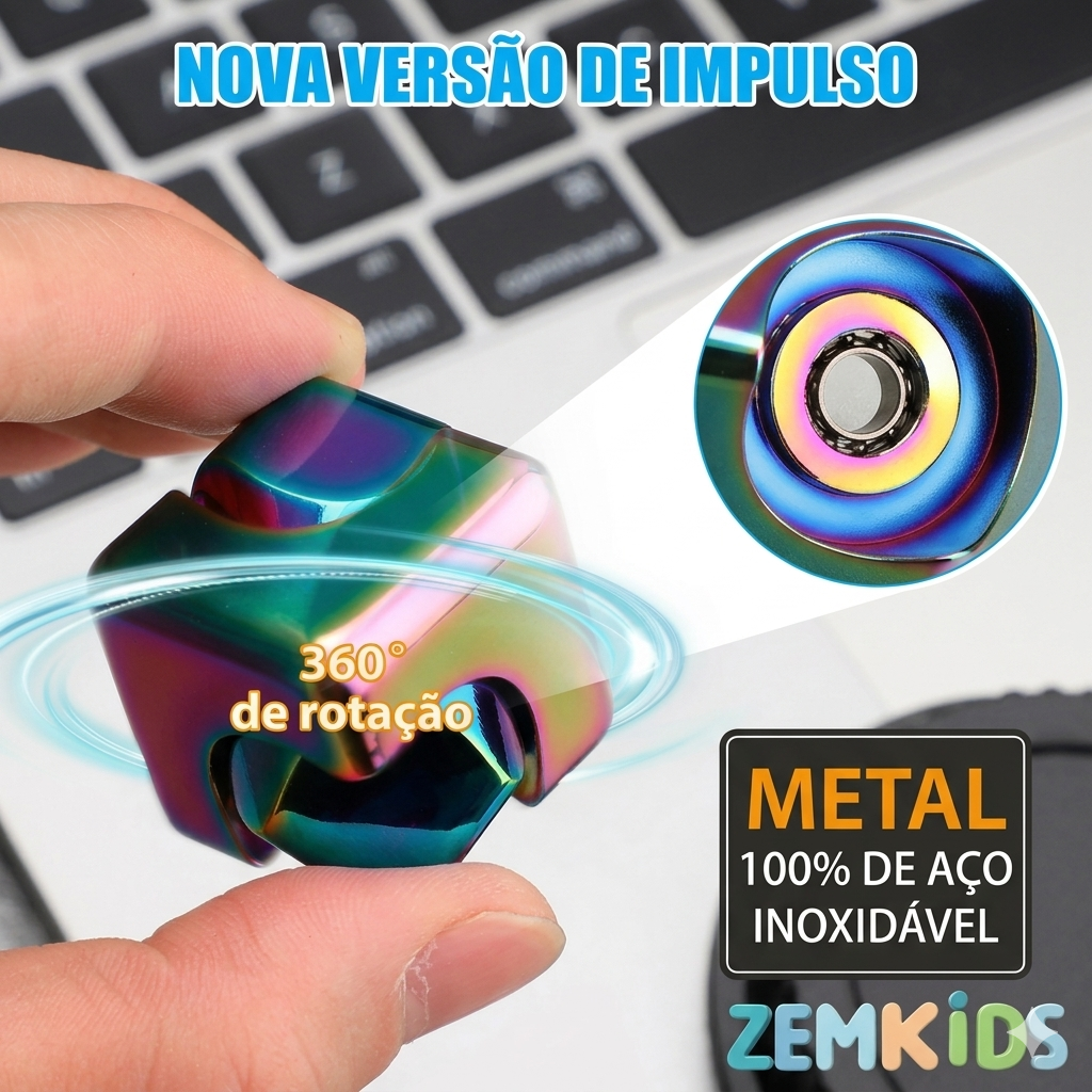 Cubo giroscópio metálico premium Zem Kids, fidget spinner 2 em 1, com design sensorial e acabamento metálico brilhante