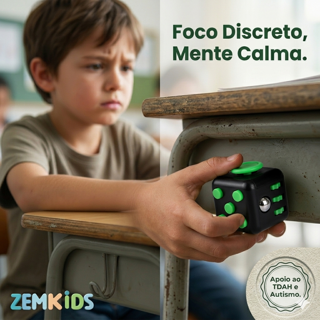 Cubo de regulação sensorial ZemKids, brinquedo antiestresse com botões, rolinhos e texturas para estímulo tátil, em cores variadas.