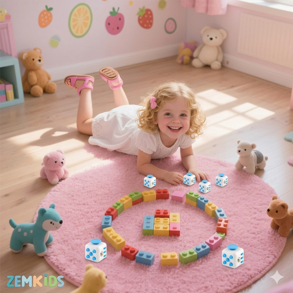 Cubo de regulação sensorial ZemKids, brinquedo antiestresse com botões, rolos e texturas coloridas para estímulo sensorial.