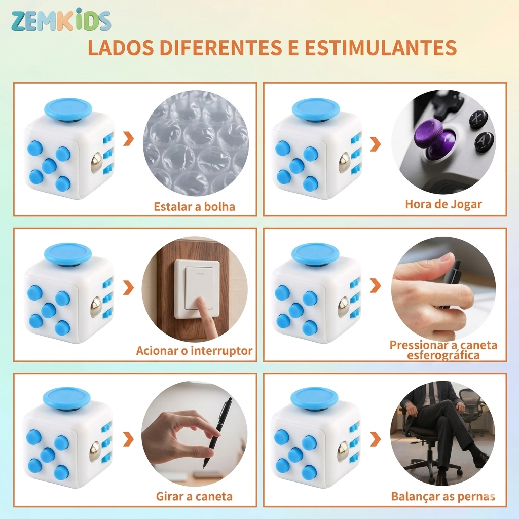 Cubo de regulação sensorial ZemKids, brinquedo antiestresse com cores vibrantes e diferentes texturas para estímulo sensorial.
