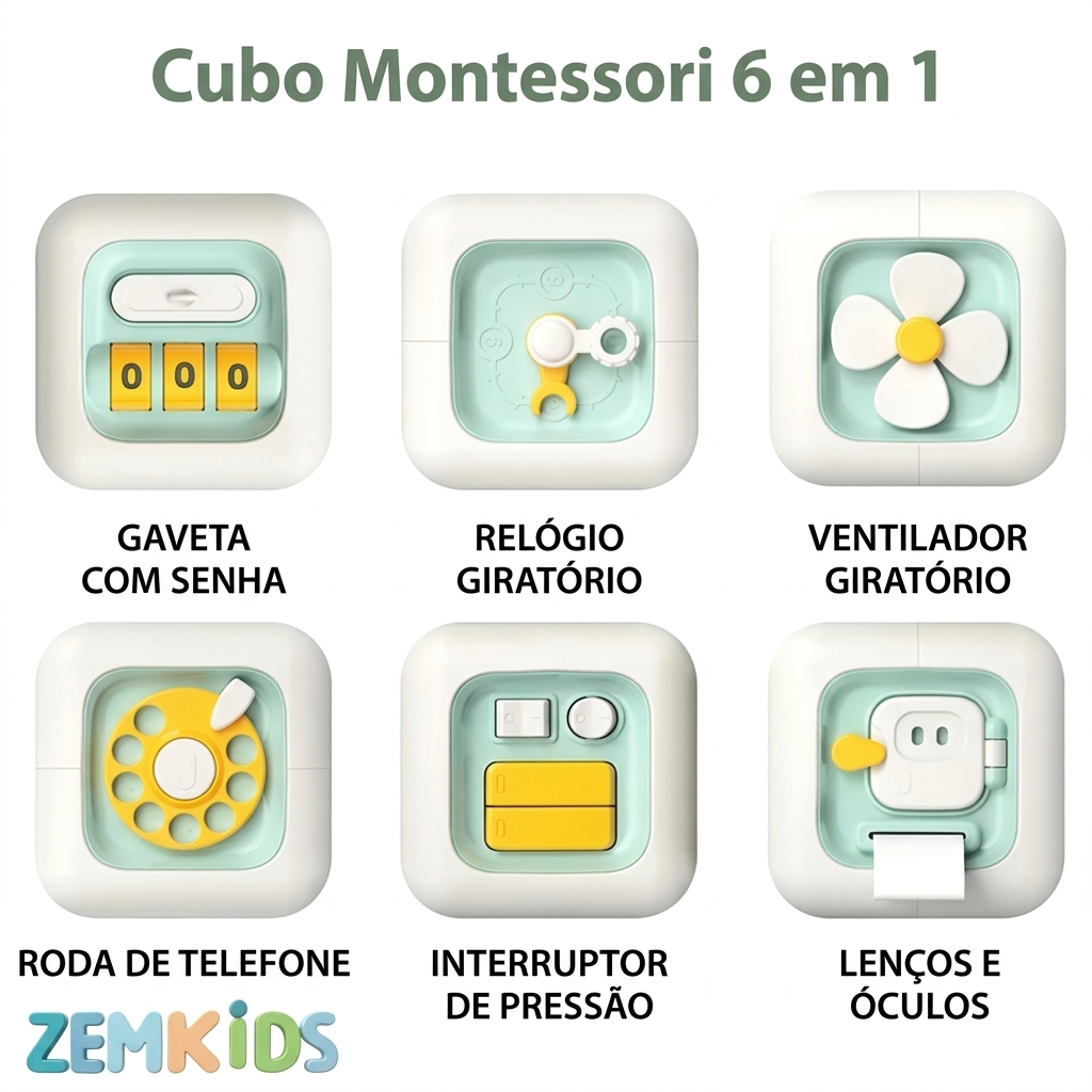 Cubo sensorial Montessori 6 em 1 da Zem Kids, brinquedo educativo portátil para desenvolver habilidades motoras.