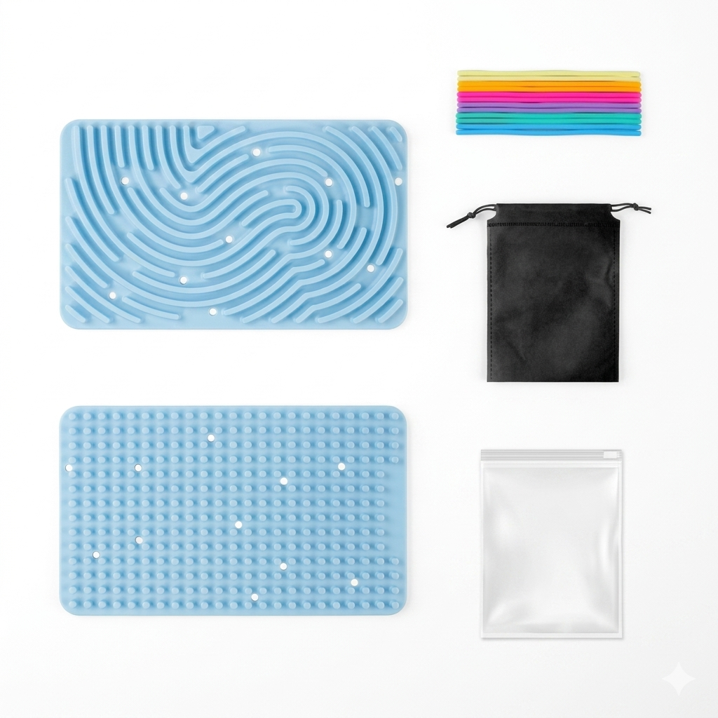 Detalhe de cordas de silicone na Placa Sensorial SilentFlow da Zem Kids, brinquedo terapêutico para foco e calma.