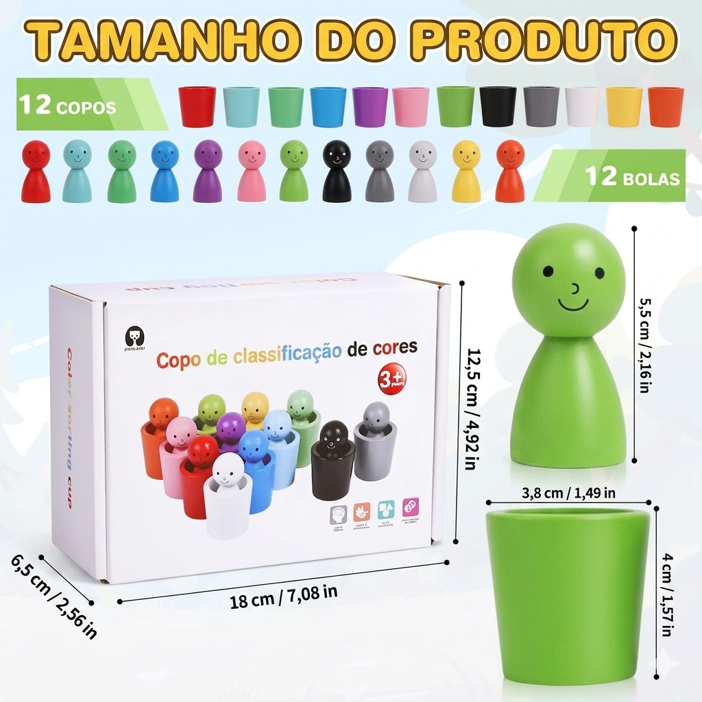 Jogo de classificação de cores Montessori Zem Kids com bonecas de madeira em copos, ideal para desenvolvimento da coordenação motora fina.