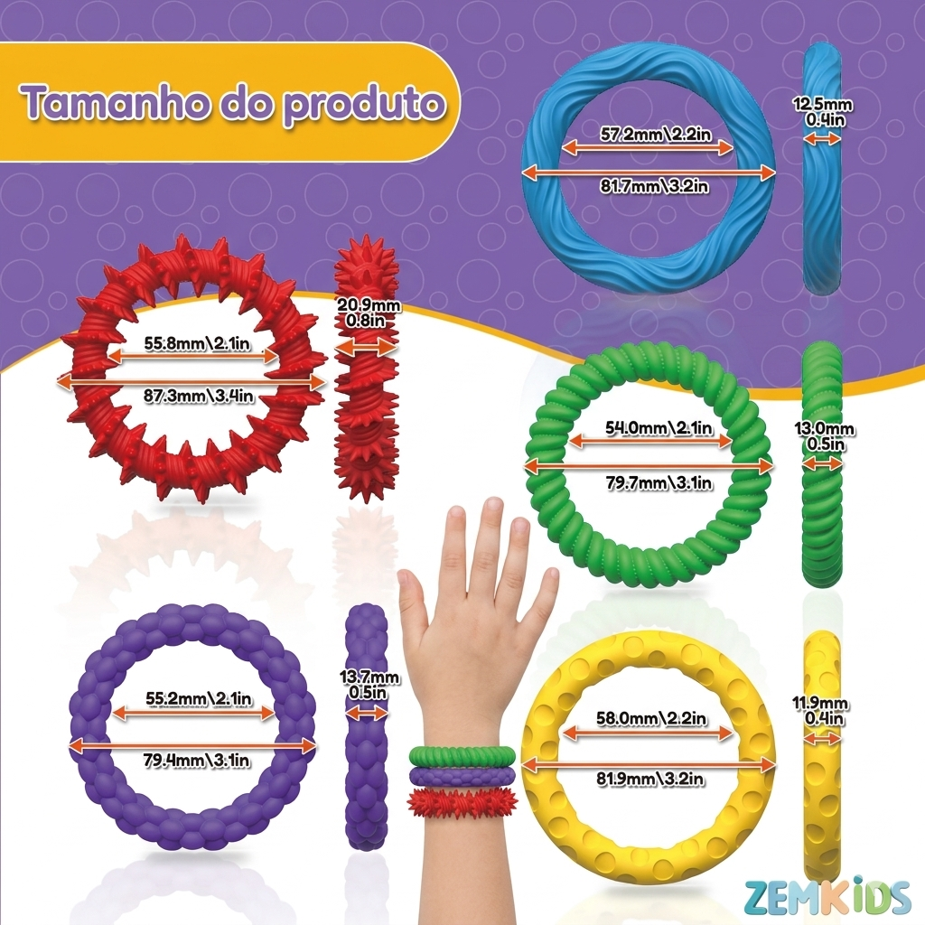 Pulseiras sensoriais de silicone Zem Kids, detalhe de textura para alívio de ansiedade e TDAH, kit com 5 unidades.