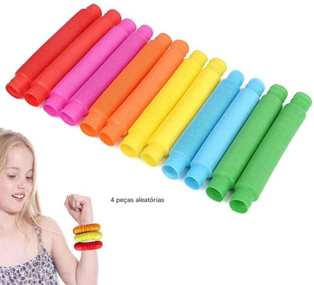 Kit de 4 tubos sensoriais Zem Kids para esticar e conectar, material colorido e flexível, ideal para estímulo sensorial.