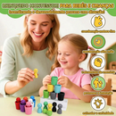 Embalagem de brinquedo Montessori Zem Kids com bonecas de madeira em copos coloridos para classificação de cores e coordenação motora.