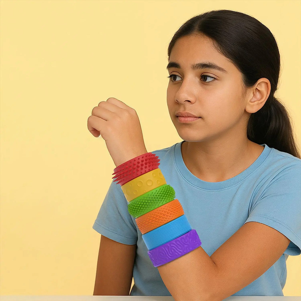 Kit de 6 pulseiras sensoriais Zem Kids, brinquedos de silicone para autismo, TDAH e regulação tátil, para foco e calma.