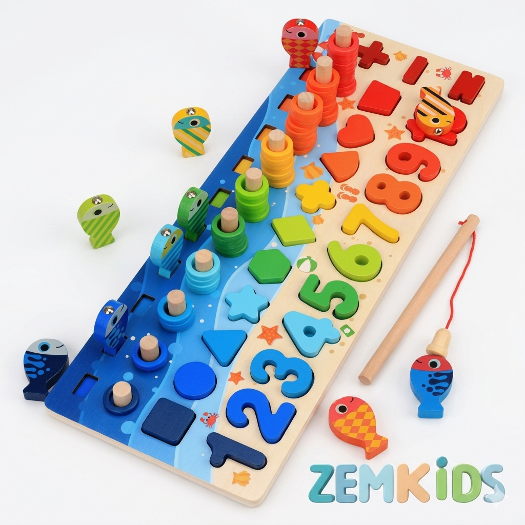 Brinquedo Montessori Zem Kids 5 em 1, tabuleiro de madeira com pescaria, números e formas para crianças brincarem e aprenderem.