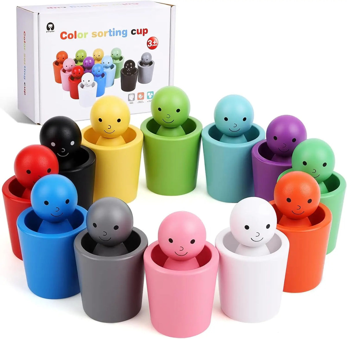 Jogo de classificação de cores Montessori Zem Kids com bonecas de madeira em copos para desenvolver coordenação motora fina.