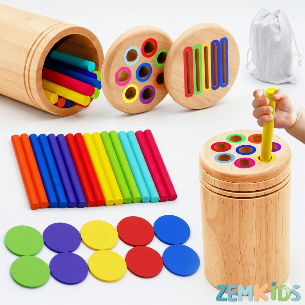 Brinquedo Montessori de Madeira Zem Kids, kit 2 em 1 para classificação de cores e formas geométricas infantis.