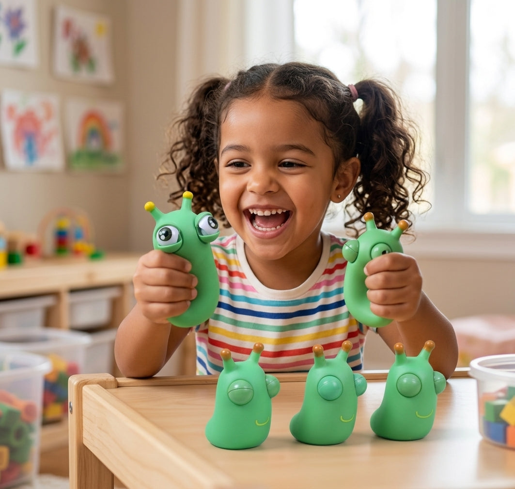 Kit com 3 brinquedos sensoriais minhoca verde de apertar com olhos saltadores, brinque e alivie o estresse, da marca Zem Kids.