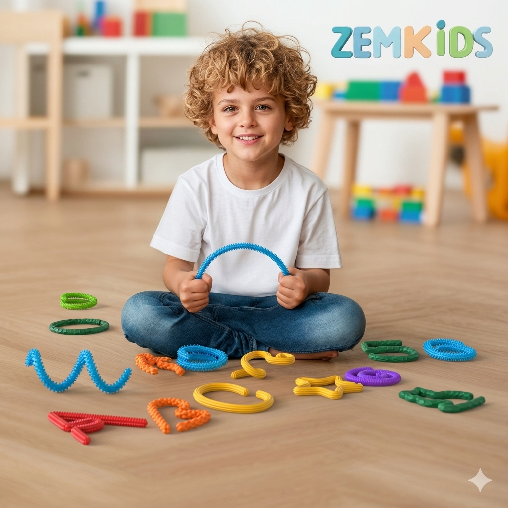 Kit com 8 varetas sensoriais Zem Kids para alívio de ansiedade, estresse e skin picking, com textura ASMR para estímulo sensorial.