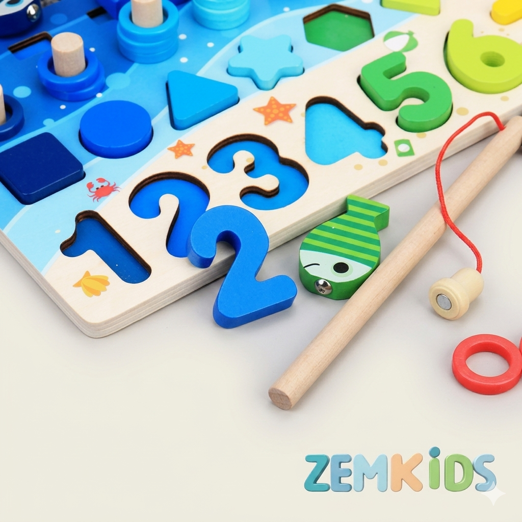 Kit de brinquedos Montessori Zem Kids com tabuleiro de madeira 5 em 1, incluindo pescaria mágica, números e formas coloridas.