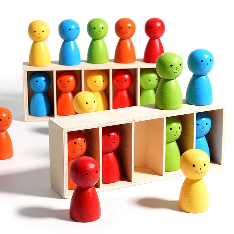 Conjunto de bonecas de madeira para classificação de cores, em copos, brinquedo Montessori da Zem Kids para coordenação motora fina.