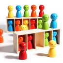 Conjunto de bonecas de madeira para classificação de cores, em copos, brinquedo Montessori da Zem Kids para coordenação motora fina.