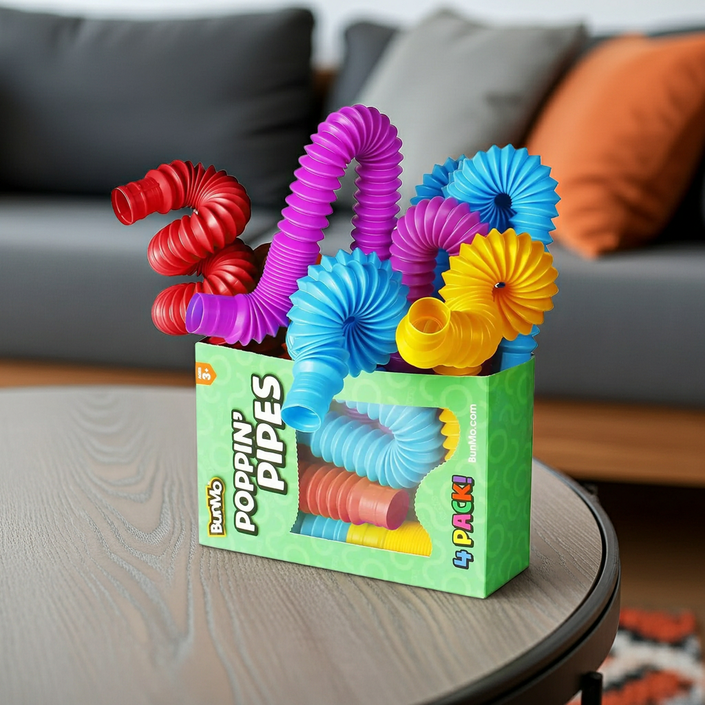 Kit de 4 tubos sensoriais Zem Kids para esticar e conectar, brinquedo de tubos de esticar e conectar para estímulo sensorial.