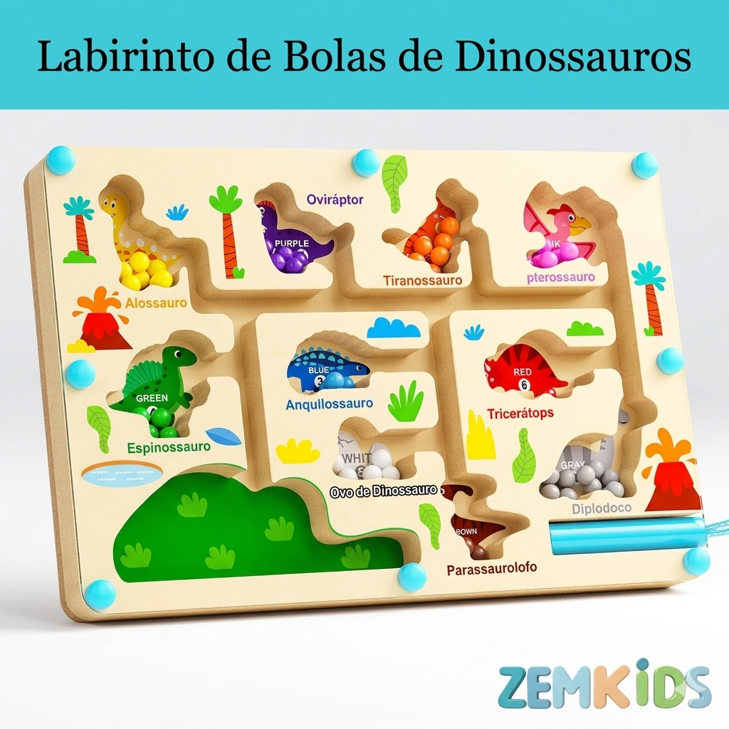 Labirinto magnético educativo com tema de dinossauro, brinquedo sensorial para treino de foco e desenvolvimento cognitivo.