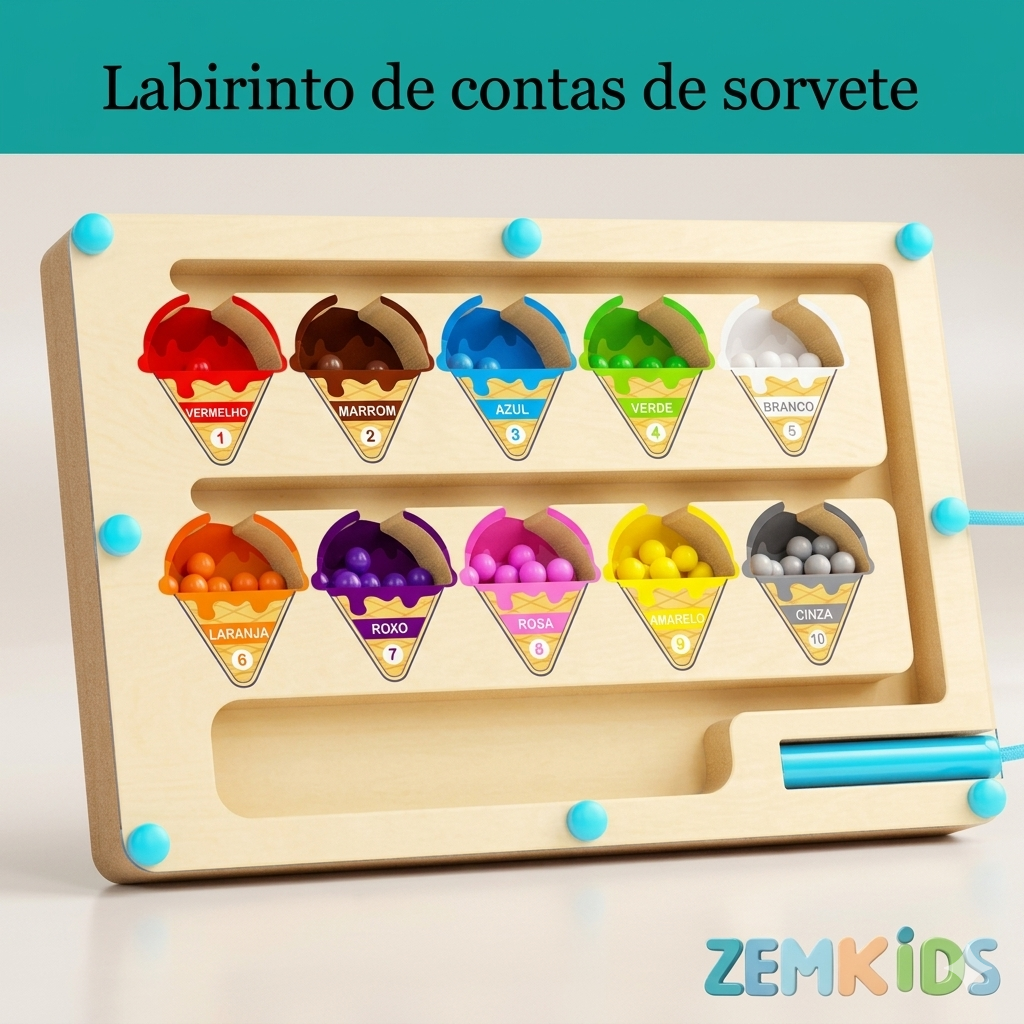 Labirinto magnético educativo da Zem Kids com temática de sorveteria, focado em treino de foco e contagem, brinquedo sensorial.