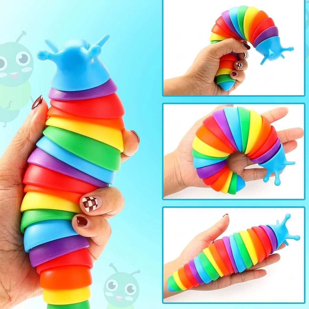 Lesma articulada sensorial Zem Kids, brinquedo fidget flexível de 18cm para estímulo ASMR e diversão sensorial.