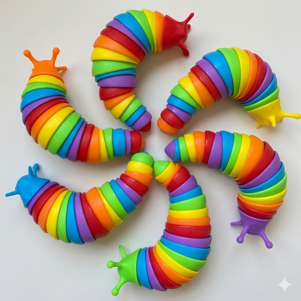 Lesma articulada sensorial Zem Kids, brinquedo fidget flexível para aliviar estresse e estimular os sentidos, visual colorido e detalhado