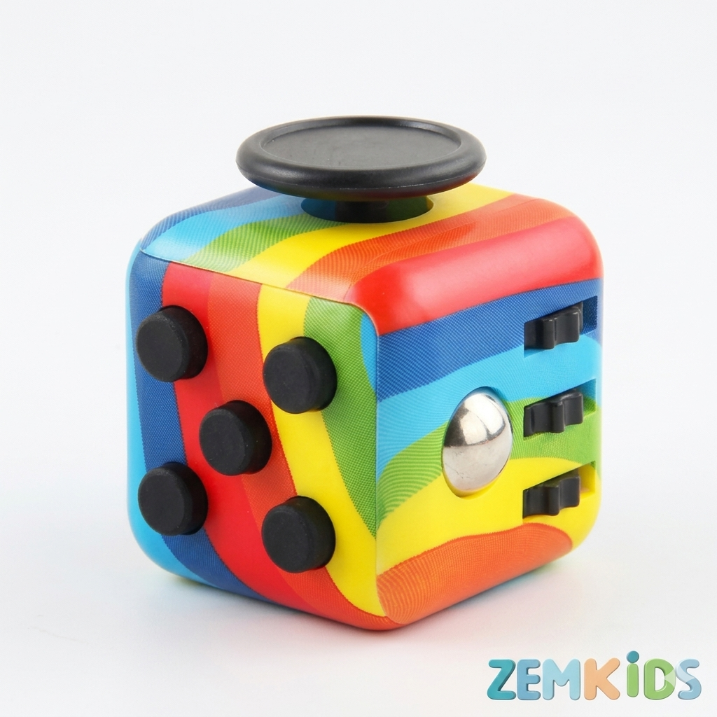 Cubo de Regulação Sensorial ZemKids, brinquedo antiestresse com botões e texturas para estimular crianças.
