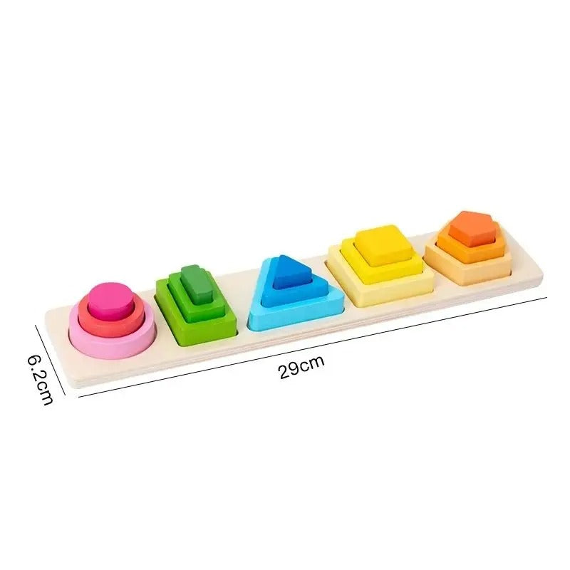 Brinquedo Montessori de Madeira Zem Kids, torre de empilhamento e classificação geométrica para crianças.