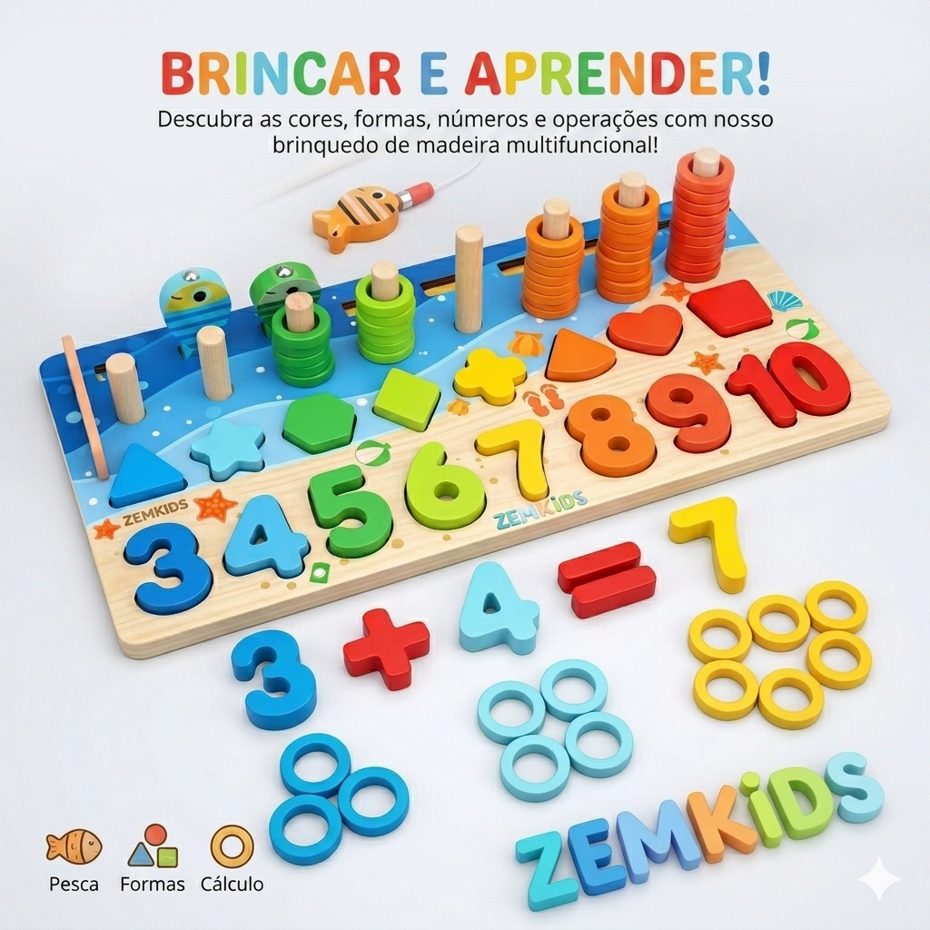Tabuleiro Montessori 5 em 1 em madeira da Zem Kids com pescaria, números e formas para aprendizado infantil.