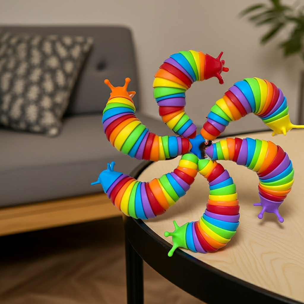 Lesma articulada sensorial ASMR da Zem Kids, brinquedo fidget flexível com textura vibrante, ideal para estímulo sensorial e diversão.