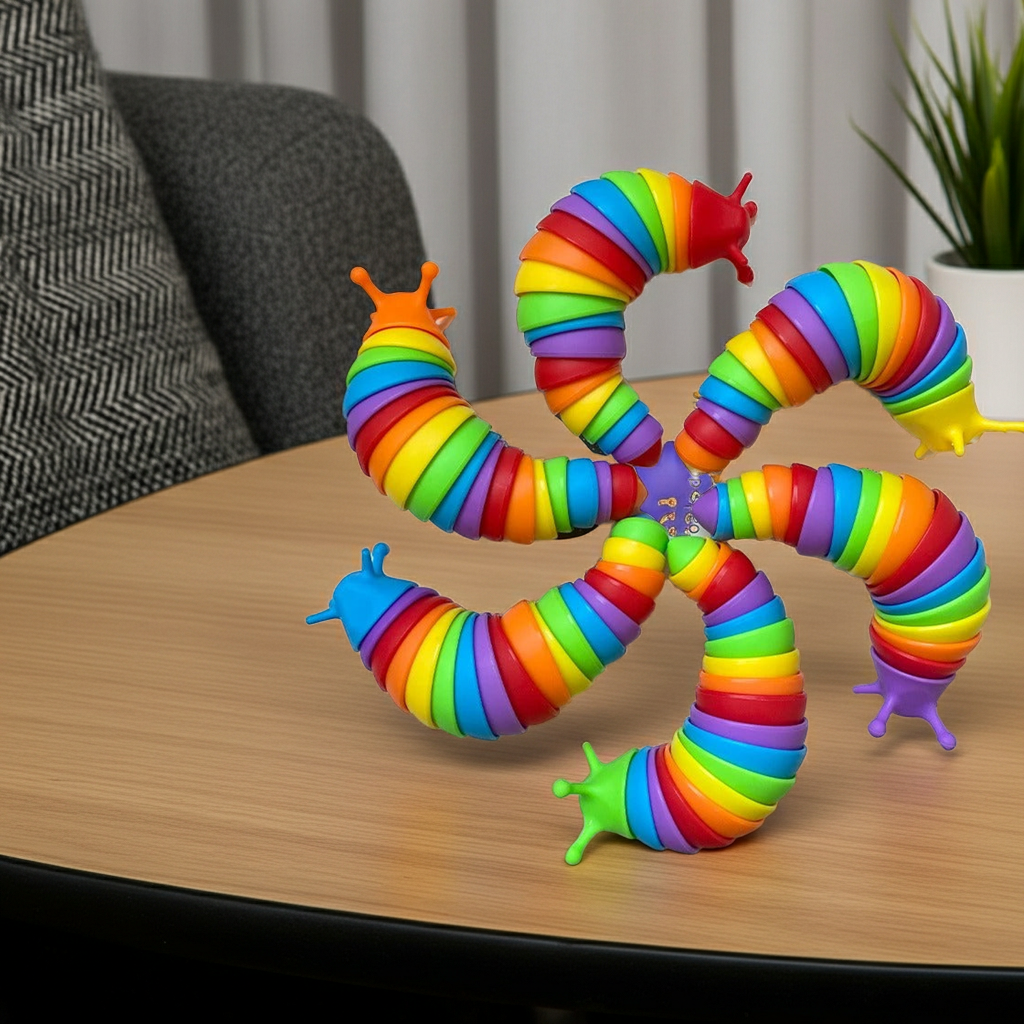 Lesma articulada sensorial ASMR da Zem Kids, brinquedo fidget flexível com textura macia e cores vibrantes, ideal para estímulo sensorial.