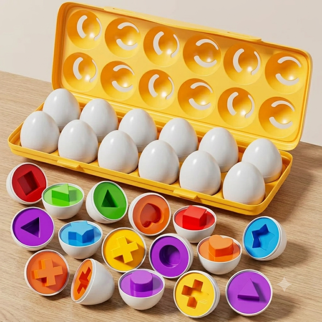 Ovos de Encaixar Montessori Zem Kids, jogo sensorial com 12 peças coloridas e formas variadas para desenvolvimento infantil.