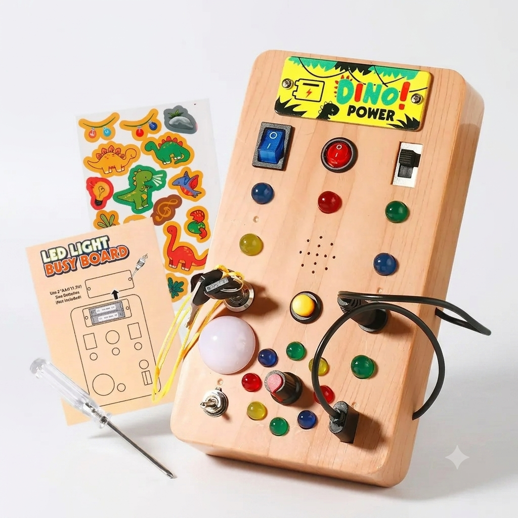 Painel Montessori LED da Zem Kids com botões, interruptores e luzes, quadro de atividades educativo para crianças.