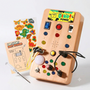 Painel Montessori LED da Zem Kids com botões, interruptores e luzes, quadro de atividades educativo para crianças.