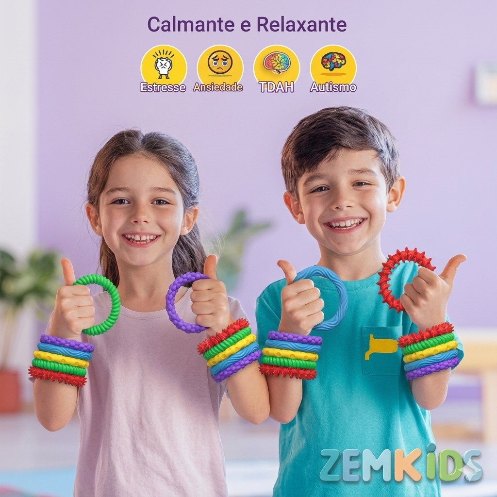 Kit de 5 pulseiras sensoriais Zem Kids para alívio de ansiedade e TDAH, com detalhes coloridos e texturas variadas.