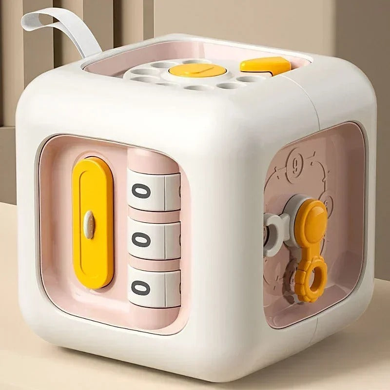 Cubo sensorial Montessori 6 em 1 da Zem Kids, brinquedo educativo portátil para desenvolver habilidades motoras em crianças.