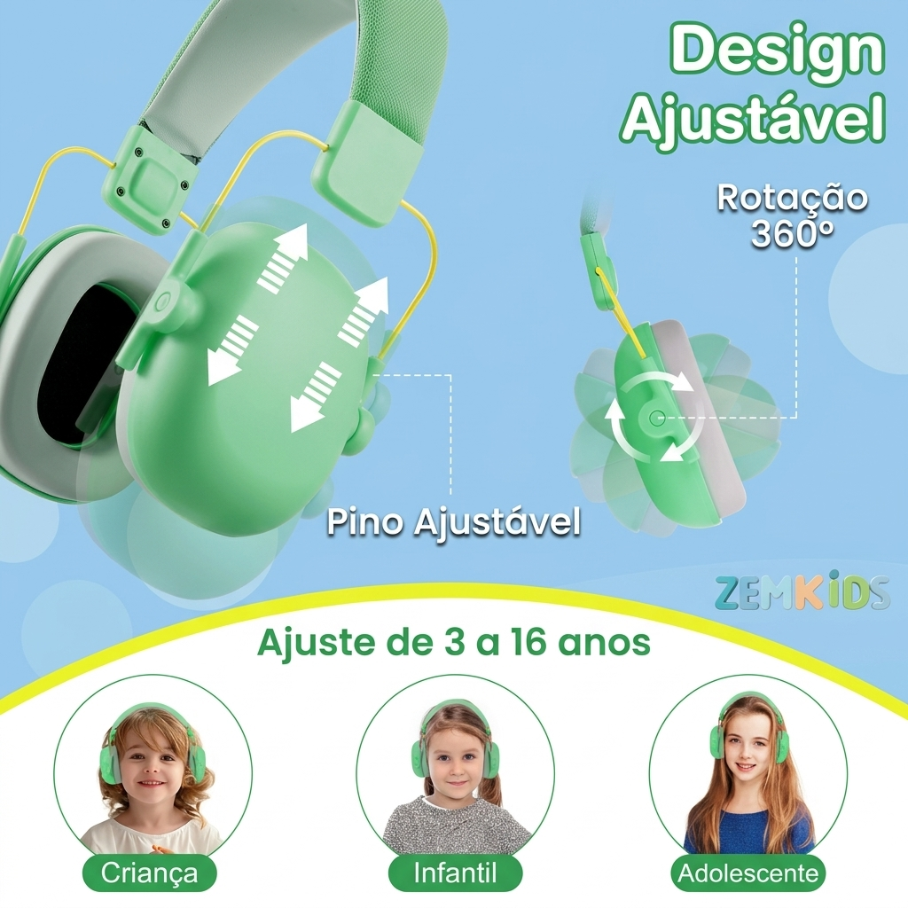 Fone abafador de ruído infantil Zem Kids para autismo e TDAH, proteção auditiva para shows e eventos, cor cinza.