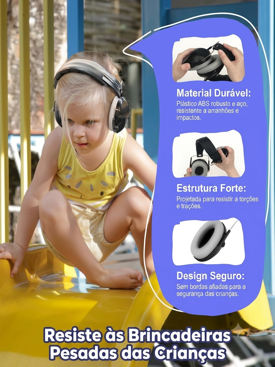 Protetor auricular infantil ZOHAN Zem Kids com haste dobrável, ajuste confortável e acolchoado para proteção contra ruídos.