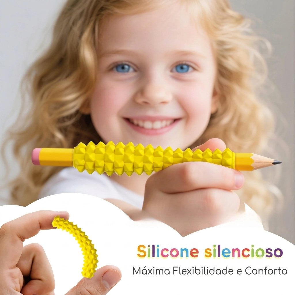 Capinhas sensoriais de silicone texturizado para lápis, suporte ergonômico e brinquedo fidget para TDAH e autismo, kit com 4 unidades.