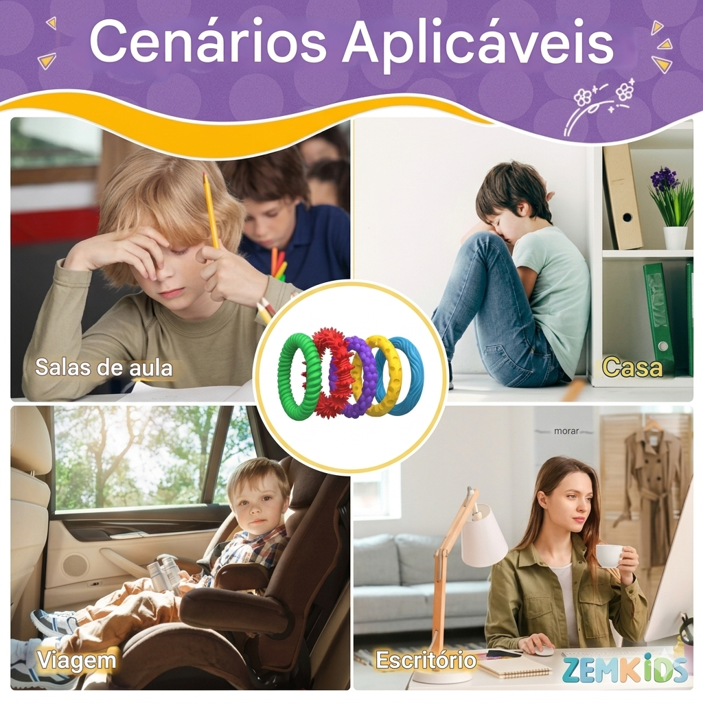 Kit com cinco pulseiras sensoriais Zem Kids para alívio de ansiedade e TDAH, feitas de materiais macios e texturizados.