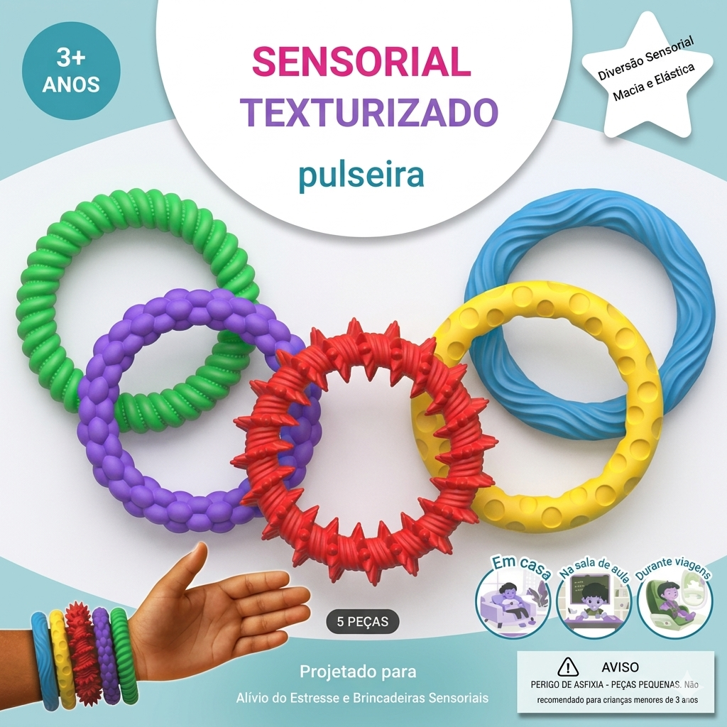 Conjunto de 5 pulseiras sensoriais Zem Kids para alívio de ansiedade e TDAH, usadas no pulso, em cores variadas.