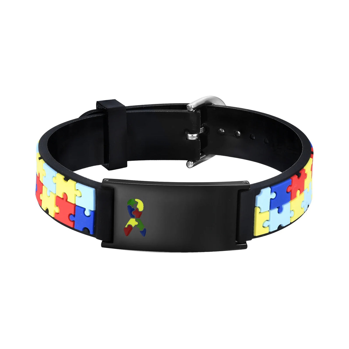 Pulseira de autismo ajustável da Zem Kids com placa de segurança gravável para identificação e conscientização do autismo.