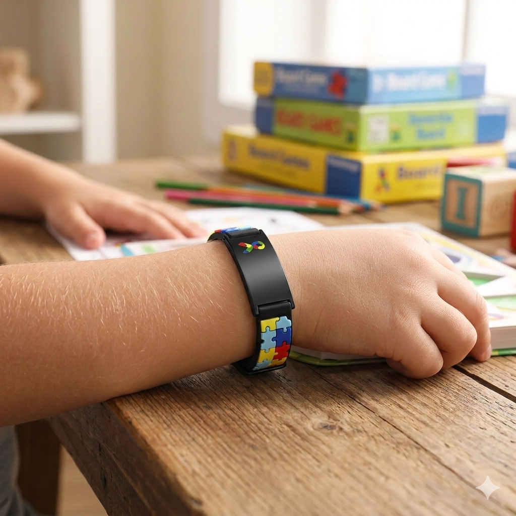 Pulseira de silicone ajustável para autismo da Zem Kids, com identificação de segurança para crianças e conscientização.