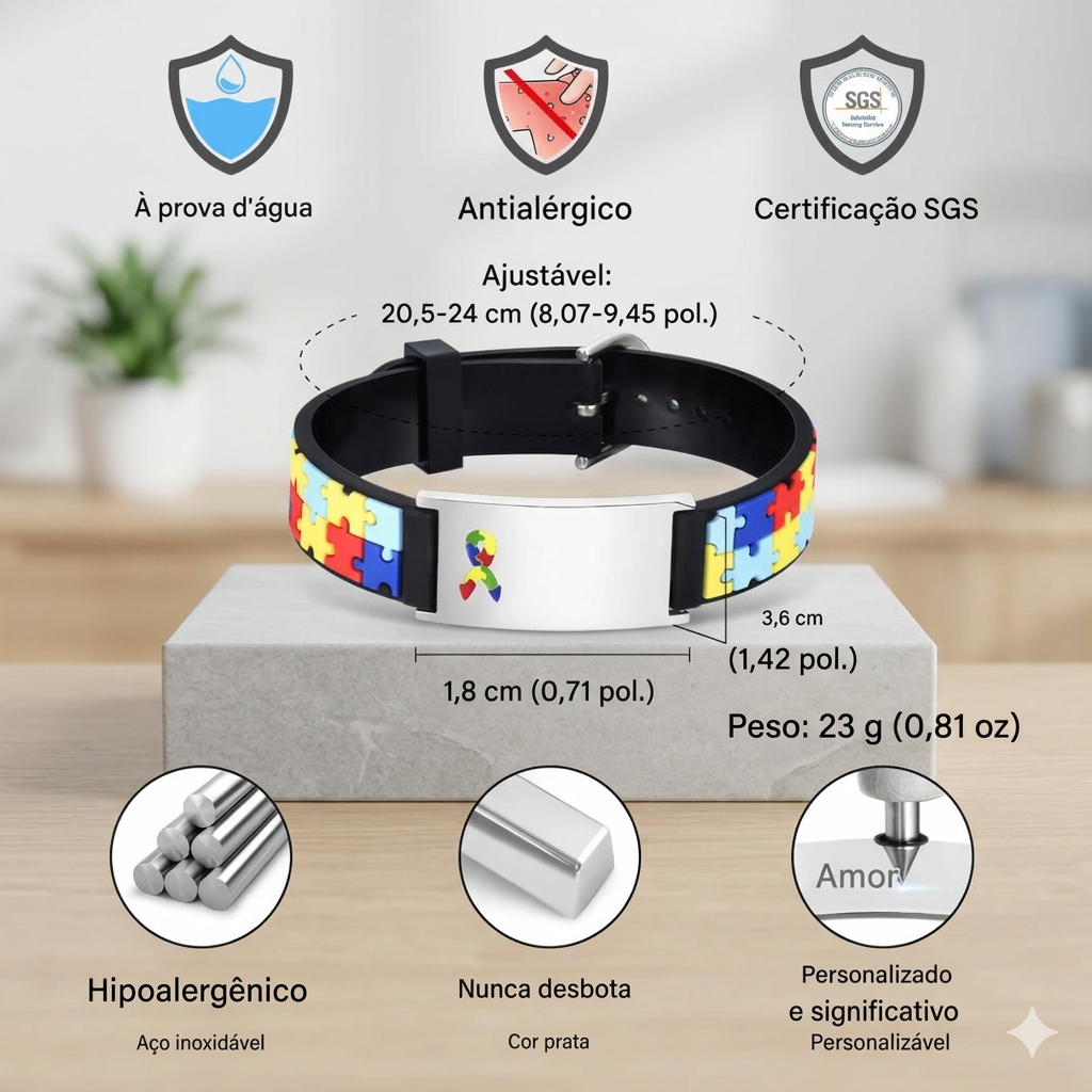 Pulseira Guardian Zem Kids para autismo, identificação de segurança ajustável, com símbolos de conscientização do autismo.